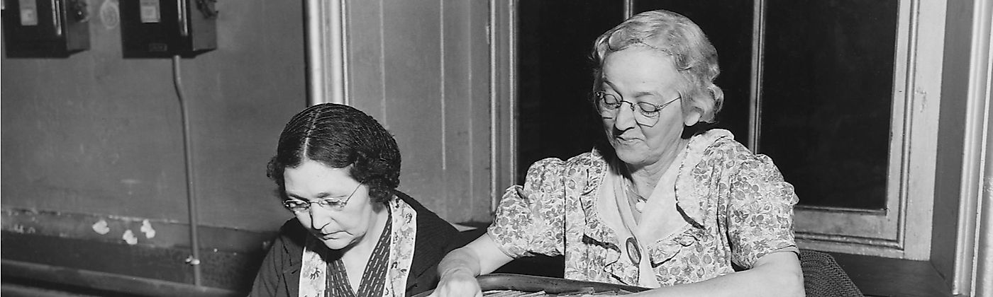 Women perform factory work during World War II in the United States.