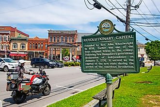 Exeter Revolutionary Capital sign at historic town center at Water Street and Front Street in Exeter, New Hampshire NH, USA.
