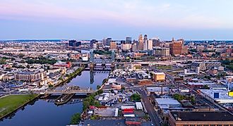 Dusk Falls on the downtown area of Newark, New Jersey.