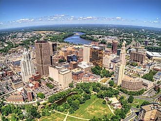 Downtown Hartford, Connecticut skyline seen in summer by drone.