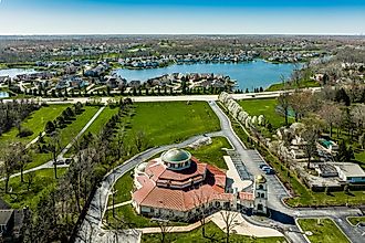 Spring aerial view of St. George Orthodox Church in Fishers, Indiana, USA. Editorial credit: Ted Alexander Somerville / Shutterstock.com