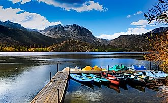 Colorful boats at Gull Lake marina in Eastern Sierra mountains, California.