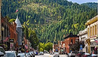 Main street with it's turn of the century brick buildings in the historic mining town of Wallace, Idaho.