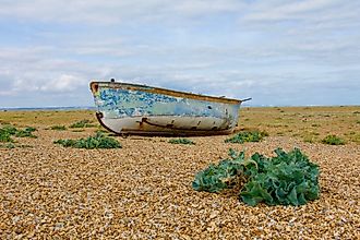 Abandoned fishing boat on a desert pebble beach with plants around in Dungeness, England. Editorial credit: Carina S / Shutterstock.com