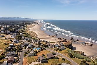 Aerial View of homes on the bluff in Bandon, Oregon, during a beautiful summer day.