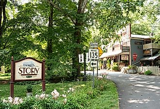Historic downtown and sign, Story, Indiana. Image credit Little Vignettes Photo via Shutterstock