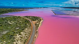Aerial view of Hutt Lagoon, the stunning pink lake in Port Gregory, Western Australia