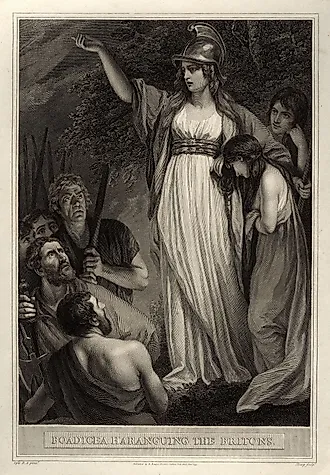A 1793 engraving by William Sharp of Boudicca (or Boadicea), rallying Britons to her cause. National Portrait Gallery / Commons.Wikimedia.org