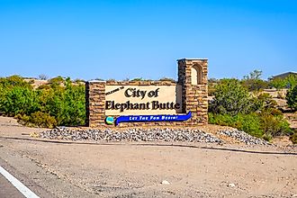 welcoming signboard at the entry point of Elephant Butte, New Mexico. Editorial credit: Cheri Alguire / Shutterstock.com.