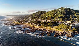 Yachats town on the rugged Oregon coast during a beautiful sunset. 