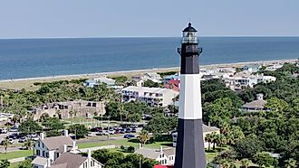 Aerial Close-Up of Tybee Island Lighthouse Tower with Atlantic Ocean, Georgia