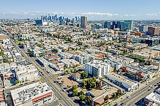 Aerial View of LA Koreatown with Oxford Ave Central and LA Western Ave in Los Angeles County. 