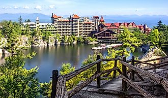 Scenic View of Mohonk Mountain House and Lake in New Paltz, New York.
