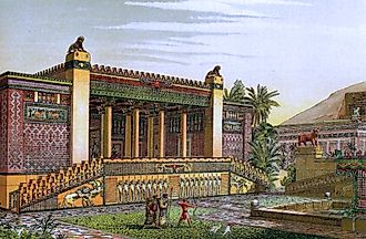 Recreation by Charles Chipiez of the gardens outside the palace of Darius I in Persepolis.