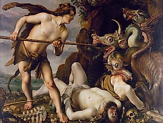 Cadmus fighting the Dragon. Cadmus is believed to be the first leader of Thebes. Illustration by: Hendrick Goltzius.