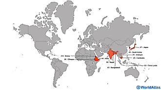 Map showing the world's 10 thinnest nations.