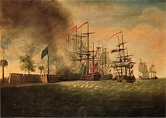 "Sir Peter Parker's Attack Against Fort Moultrie," oil on canvas. Courtesy of Colonial Williamsburg Foundation, Williamsburg, Virginia.