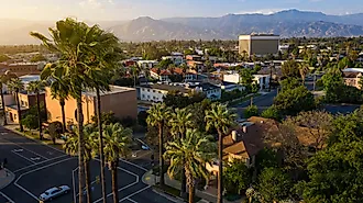 Aerial view of the historic downtown of Redlands, California.
