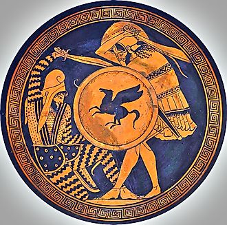 Greek hoplite and Persian warrior fighting each other. Depiction in ancient kylix. 5th c. B.C. National Archaeological Museum of Athens. Image via Wikimedia Commons.