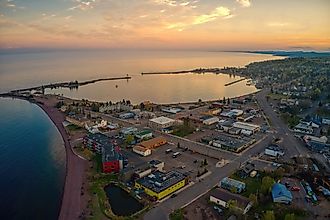 Aerial View of Grand Marais, Minnesota, at sunset.
