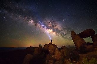 Milky Way at Balanced Rock, Big Bend National Park, Texas, USA. Constellation and galaxy. 