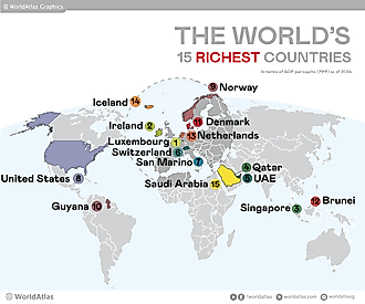 An Infographic map of the richest countries in the world in 2024, ranked by GDP per capita (PPP)