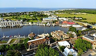 The aerial view of the Lewes, Delaware, fishing port and waterfront residential homes along the canal. Editorial credit: Khairil Azhar Junos / Shutterstock.com