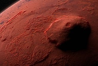 Olympus Mons, volcano on planet Mars, largest volcano in the Solar System.
