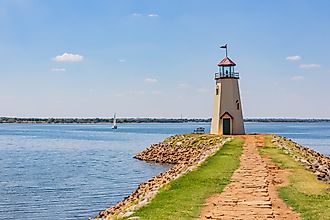 Lake Hefner lighthouse with a sailing boat at Oklahoma