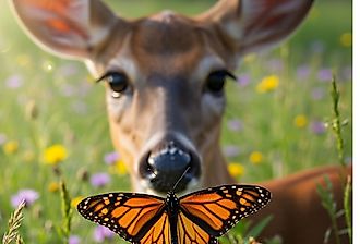 AI-generated image of white-tailed deer and monarch butterfly via Shutterstock.