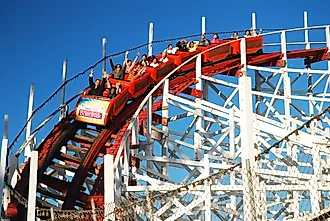 Thrill seekers come around on the drop of the Big Dipper Roller Coaster in Santa Cruz, California. 