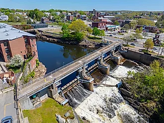 Woonsocket Falls Dam and Glenark Mills on the Blackstone River in Woonsocket, Rhode Island.