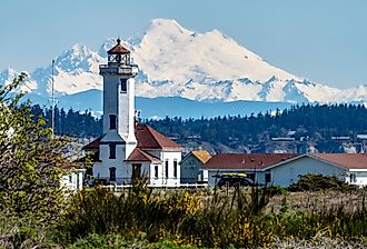 Mount Baker and lighthouse in Port Townsend, Washington.