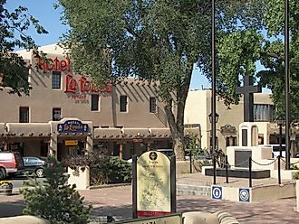 Taos Plaza and the Hotel La Fonda via Wikicommons