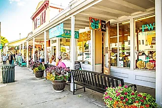 The Main Street in Frederiksburg, Texas, also known as "The Magic Mile", with retail stores and poeple walking