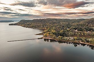 Sunset drone photos over Lake Pepin on the Mississippi River in Stockholm, Wisconsin