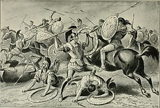 Pelopidas leading the Sacred Band Thebans into battle.
