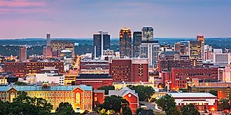 Birmingham, Alabama, USA downtown city skyline at dusk.