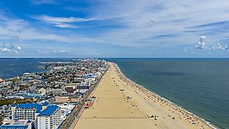 Aerial shot of hotels and condos along the coast of the Atlantic ocean in Ocean City, Maryland.