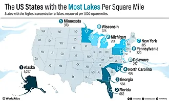 infographic showing the 10 US states with the most lakes per square mile