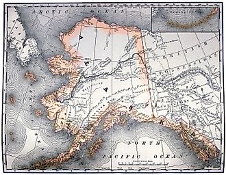 Vintage original map of Alaska, line-colored, dated 1889.