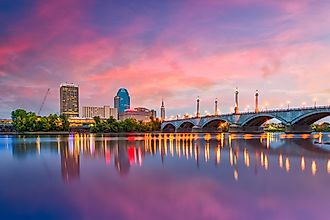 Springfield, Massachusetts, USA, downtown skyline on the river at dusk.