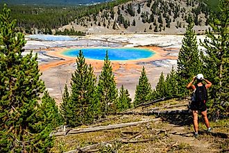 A hiker looking down on the Grand Prismatic Spring in Yellowstone National Park. 