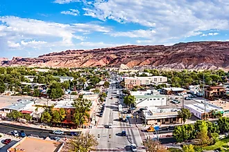Aerial view of Moab, Utah, along Main street.