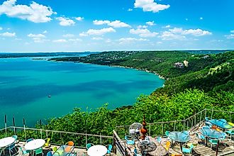 Green summer landscape at Travis Lake, showcasing the serene beauty of the central Texas Hill Country outside Austin.