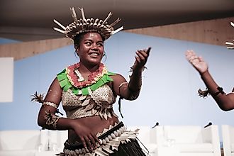 A dancer from Kiribati performs at the UN Convention for Climate Change. Editorial credit: dominika zarzycka / Shutterstock.com.
