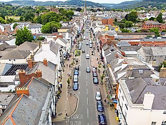 Aerial view of Monnow Street which is the main shopping centre in the market town of Monmouth.