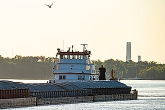 Barge traffic on the Mississippi River at the Melvin Price Locks and Dam Facility near Alton, Illinois
