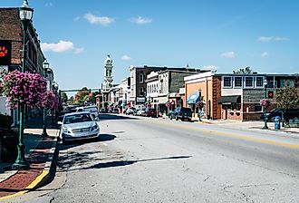 Buildings along Main Street in Georgetown, Kentucky. Image credit Alexey Stiop via Shutterstock
