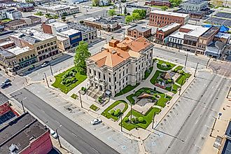 Aerial view of historical buildings in Marion, Indiana.